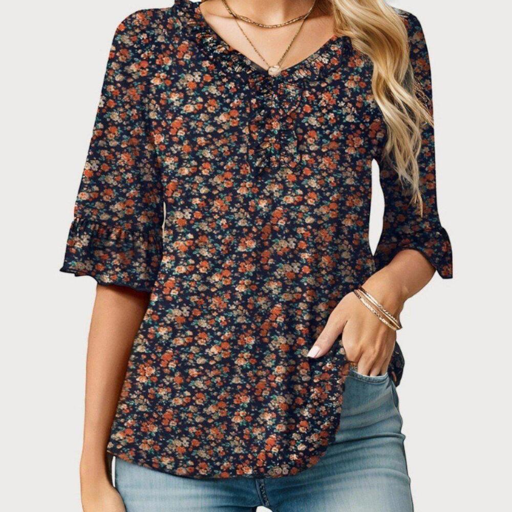 NWT Womens L 3/4 Sleeve Floral ruffled sleeve V-neck Flare Blouse
